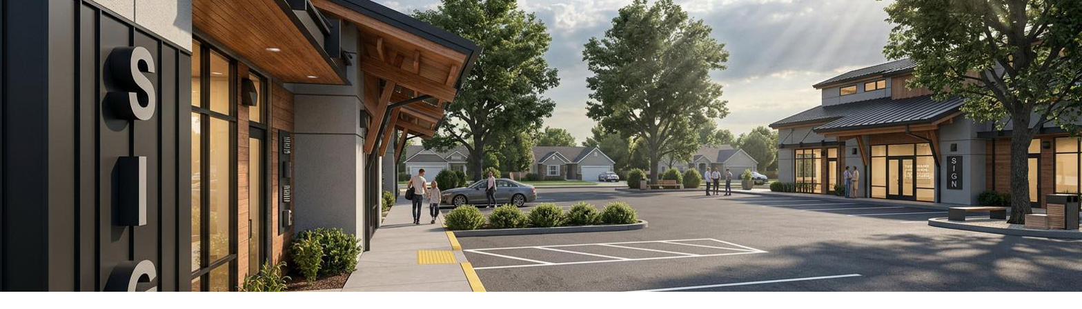 Storefront walk and shared parking court between the two buildings, Aspen Pointe Plaza