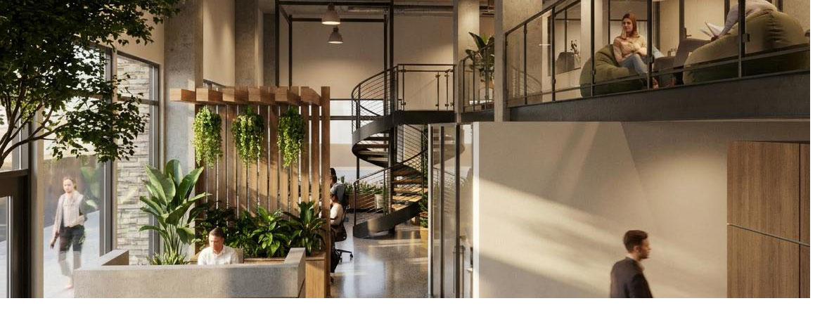 REGEN HQ lobby and reception with the mezzanine open above