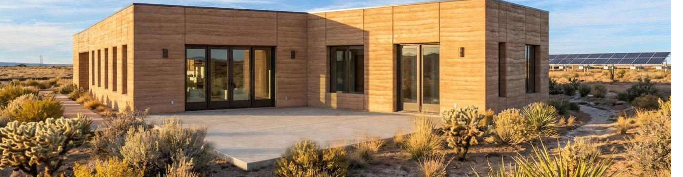 Rammed earth walls and south patio at Terra Mesa, with the solar array beyond